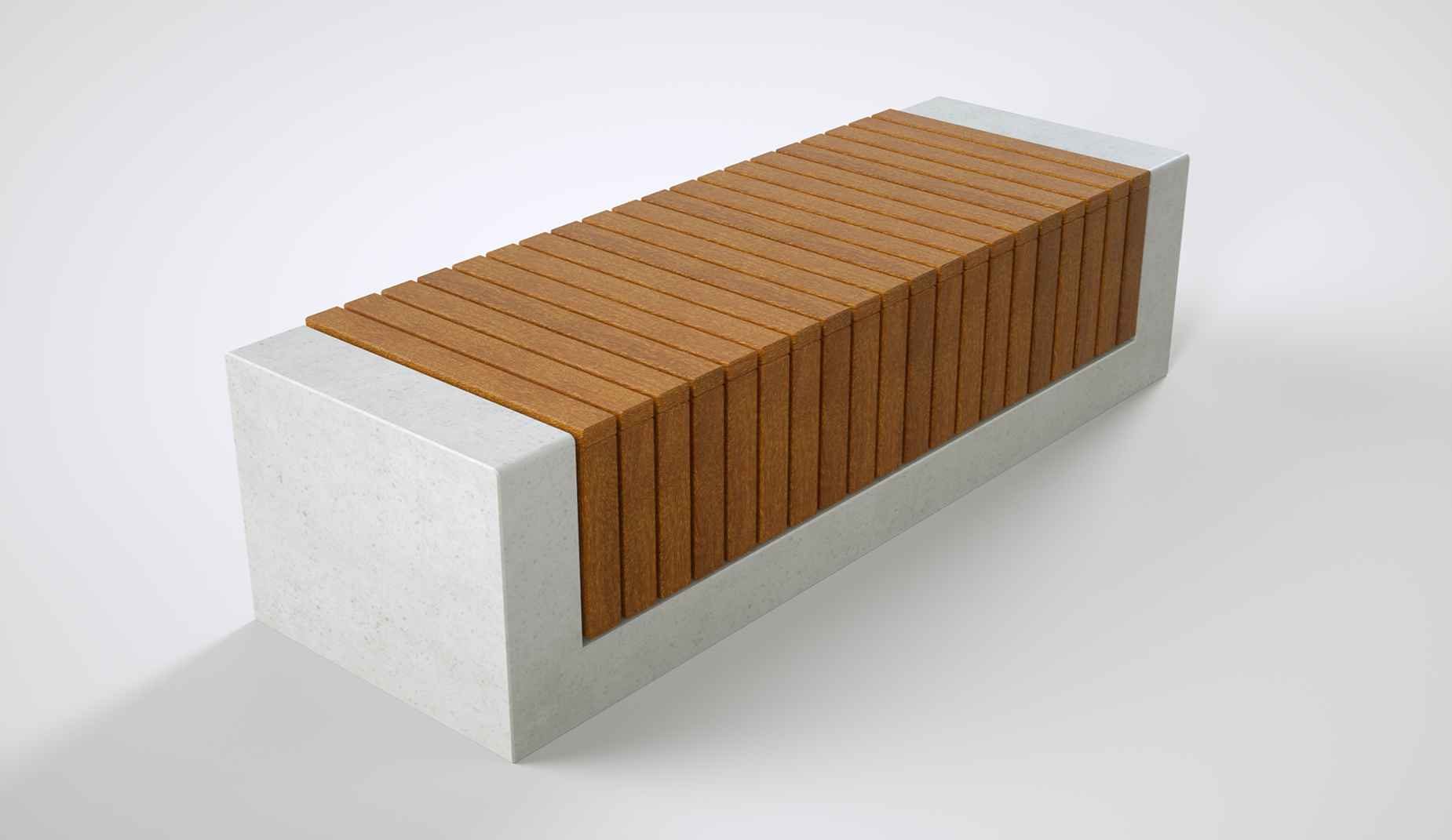 RAKT Concrete Bench, concrete block with hardwood slats