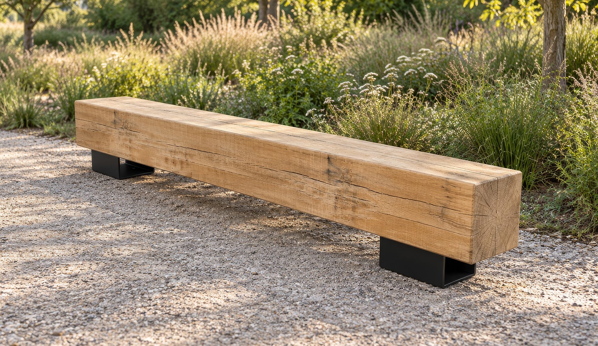 BEAM Single Bench, sawn oak beam set among planting